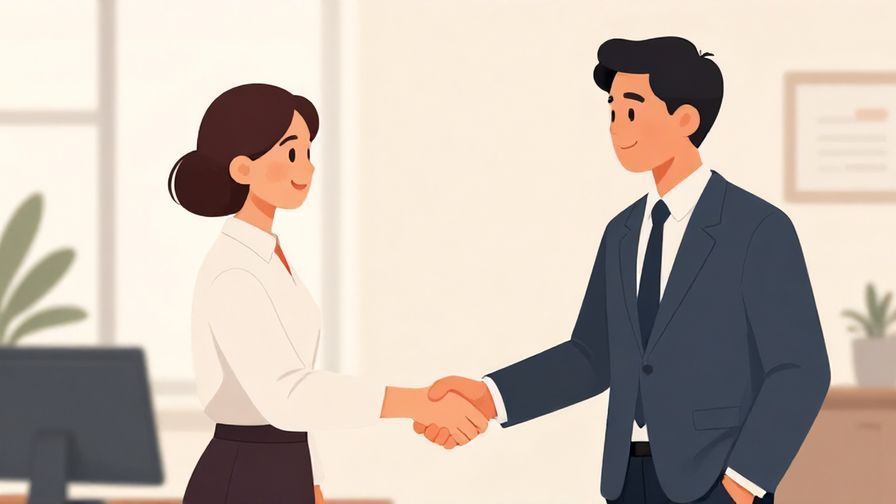 Illustration%20of%20two colleagues shaking hands warmly in an office setting, soft lighting, professional atmosphere