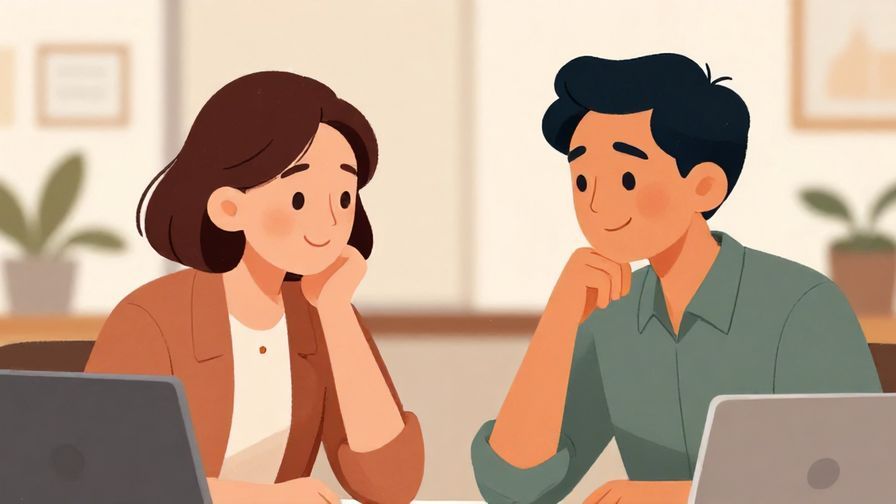 Illustration%20of%20two colleagues smiling and nodding during a discussion, office background, warm colors, illustrated style