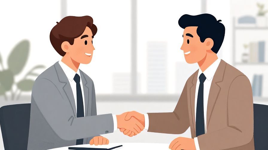 Illustration%20of%20two colleagues smiling and shaking hands after a meeting, office background, illustrated style