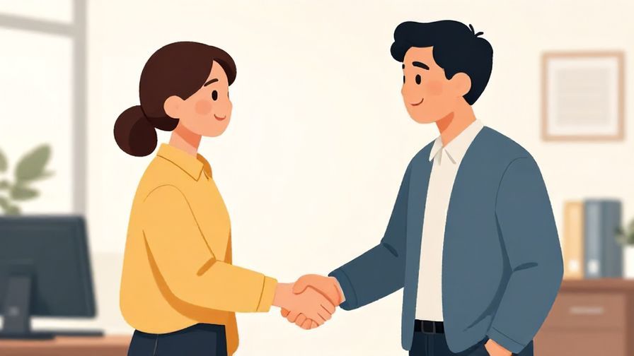 Illustration%20of%20two colleagues smiling and shaking hands, office background, polite but casual atmosphere, illustrated style