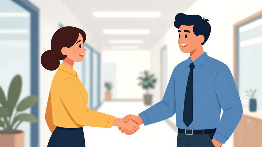 Illustration%20of%20two colleagues smiling and shaking hands in an office hallway, bright colors, illustrated style