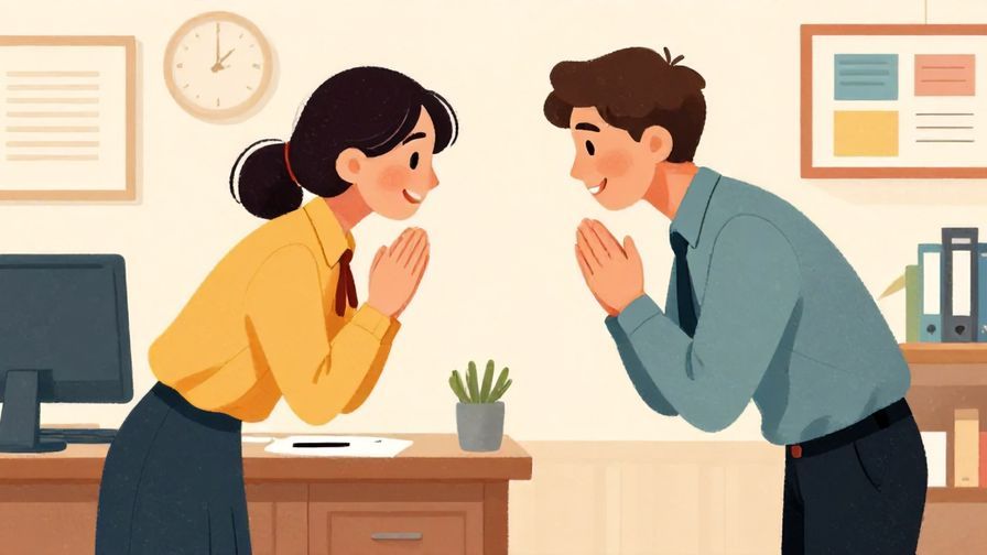 Illustration%20of%20two coworkers exchanging polite bows and smiles after work, expressing appreciation and respect, detailed background, vibrant colors, illustrated style