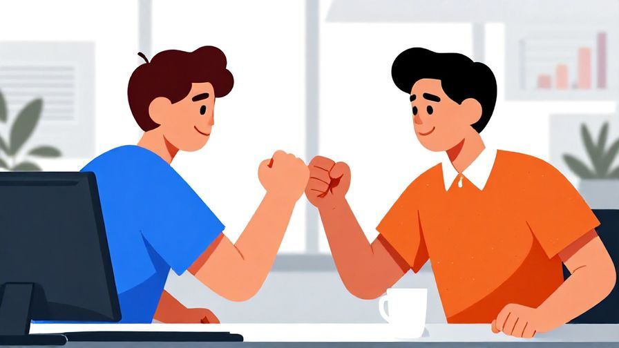 Illustration%20of%20two coworkers fist-bumping with determination in an office, bright lighting, vibrant colors, illustrated style