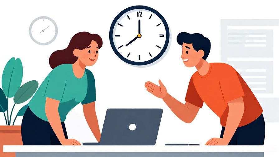 Illustration%20of%20two coworkers leaning on a desk, chatting and smiling, with a clock showing later time, vibrant colors
