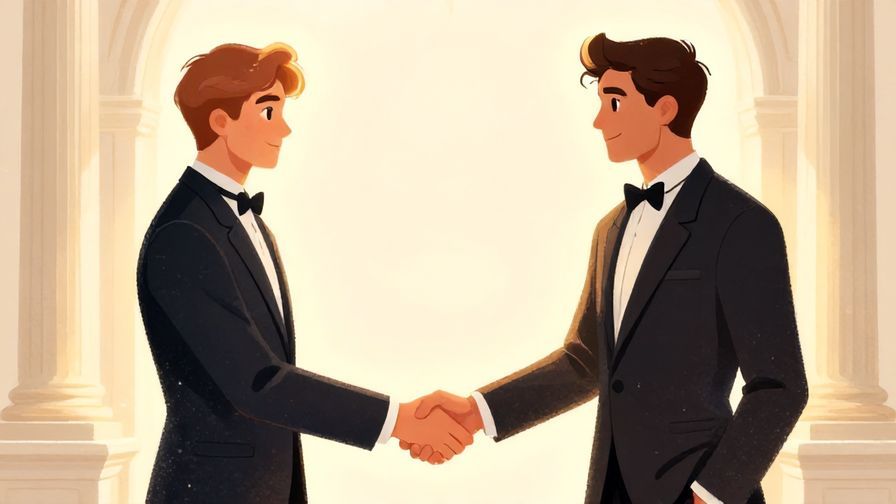 Illustration%20of%20two formally dressed brothers shaking hands firmly, with a glowing aura around them, elegant background, illustrated style