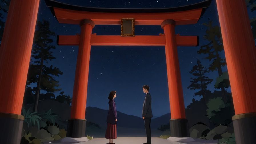 Illustration%20of%20two formally dressed individuals meeting under a grand torii gate with stars twinkling above, respectful and solemn mood