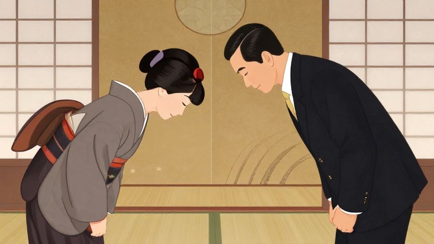 Illustration%20of%20two formally dressed people bowing slightly%2C%20in%20a%20traditional%20Japanese%20setting%2C%20illustrated%20style