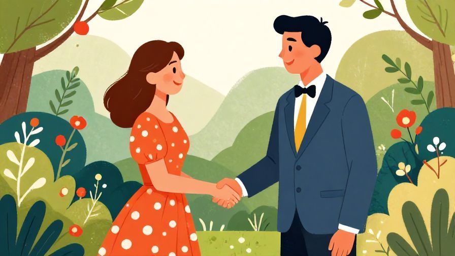 Illustration%20of%20two formally dressed people shaking hands and smiling%20in%20a garden%20setting%2C%20vibrant%20colors%2C%20illustrated%20style