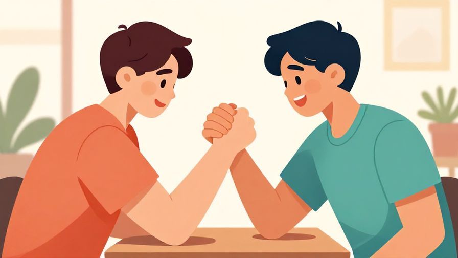 Illustration%20of%20two friends arm wrestling, evenly matched, smiling expressions, bright colors, casual indoor setting