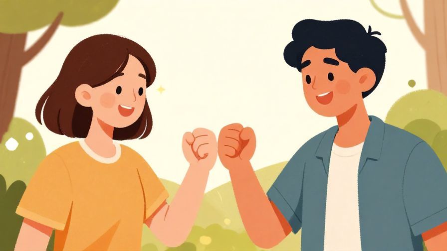Illustration%20of%20two friends bumping fists with big smiles, casual clothing, sunny outdoor scene