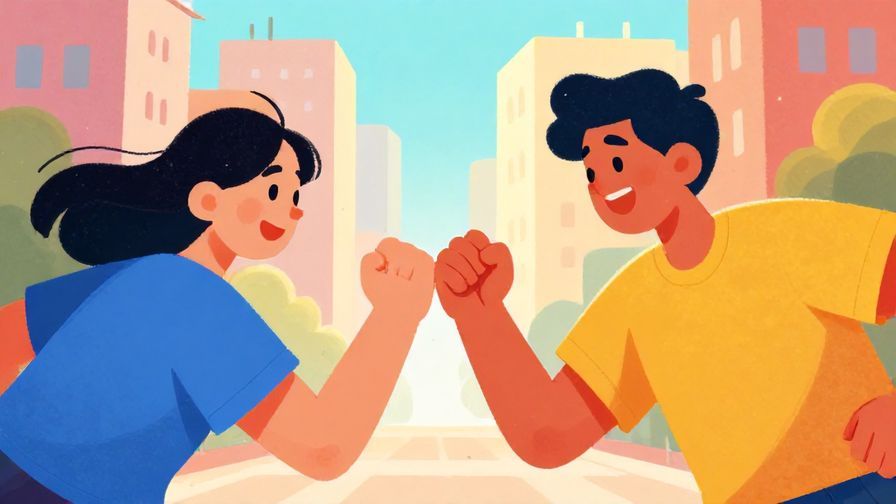 Illustration%20of%20two friends bumping fists with energetic, bright city morning behind them. Vibrant, dynamic colors, illustrated style
