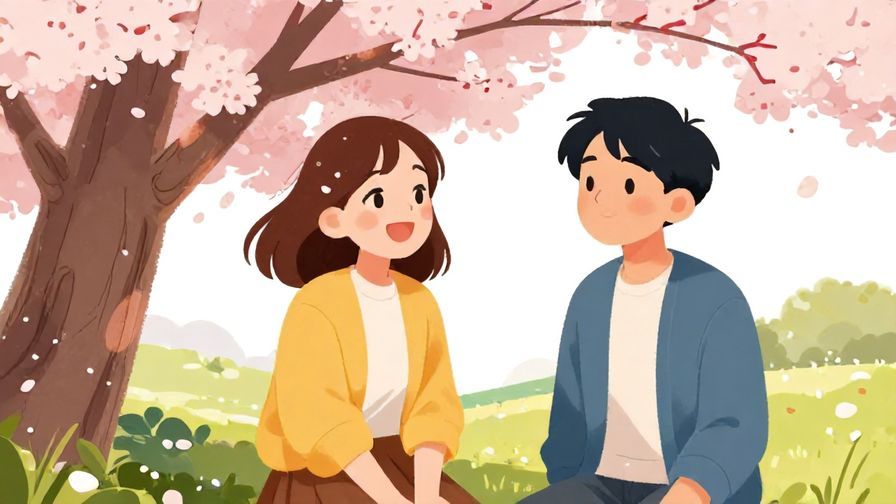 Illustration%20of%20two friends chatting and laughing under a cherry blossom tree, enjoying the moment while looking forward with calm expressions. Vibrant colors, illustrated style