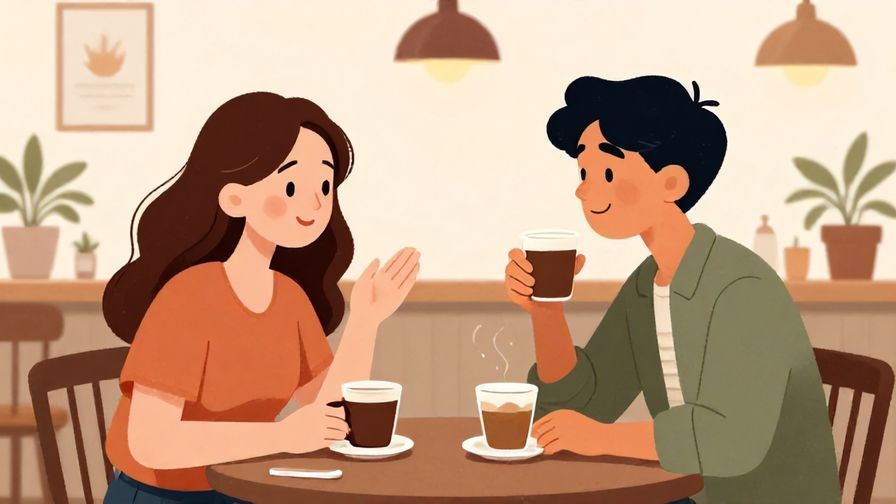 Illustration%20of%20two friends chatting animatedly over coffee, casual cafe background, warm and inviting atmosphere, illustrated style