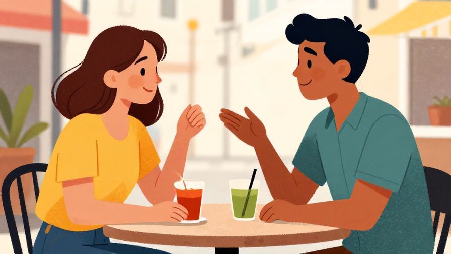 Illustration%20of%20two friends chatting casually at a street cafe, one correcting or adding to the other’s point, lively colors, illustrated style
