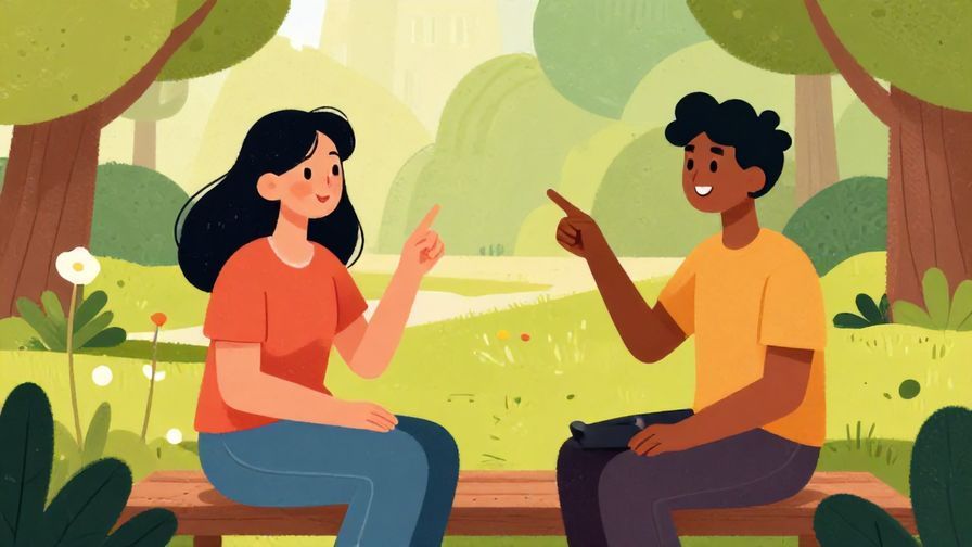 Illustration%20of%20two friends chatting in a quiet park, one pointing around with a playful smile, vibrant colors, informal setting, illustrated style