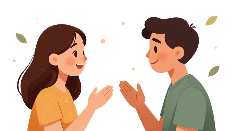 Illustration%20of%20two friends chatting, one asking casually with a grin, soft dots and floating leaves background, illustrated style