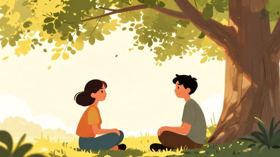 Illustration%20of%20two friends chatting under a tree with sunlight filtering through leaves, relaxed and warm atmosphere