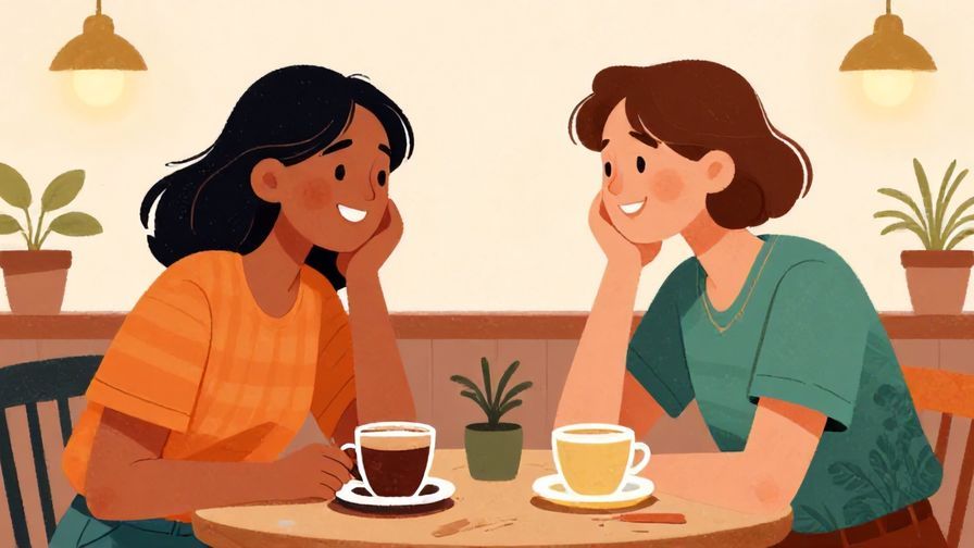 Illustration%20of%20two friends chatting with relaxed smiles in a cafe, warm lighting, vibrant colors, illustrated style