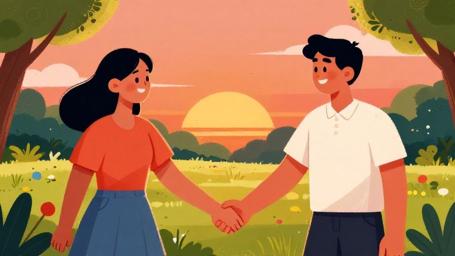 Illustration%20of%20two friends clasping hands firmly with smiles, a sunset park background, vibrant colors, illustrated style