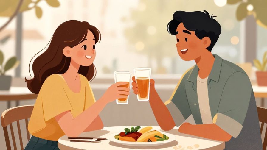 Illustration%20of%20two friends clinking glasses over food at a casual outdoor cafe, smiling and laughing under soft sunlight.