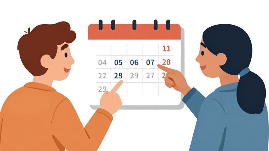 Illustration%20of%20two friends discussing plans, one pointing to two days on a calendar, casual friendly atmosphere, illustrated style