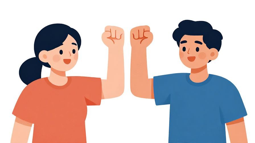 Illustration%20of%20two friends encouraging each other with fists raised, bright background, illustrated style