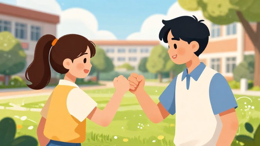 Illustration%20of%20two friends exchanging a friendly fist bump%20in%20a%20sunny%20schoolyard%20setting%2C%20bright%20colors%2C%20illustrated%20style