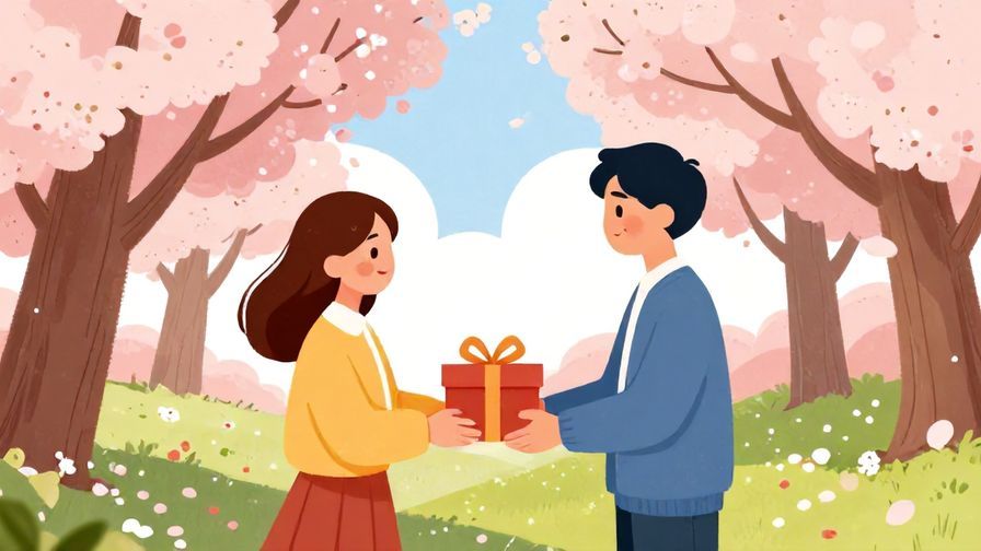 Illustration%20of%20two friends exchanging gifts with gratitude under cherry blossom trees, vibrant colors, illustrated style