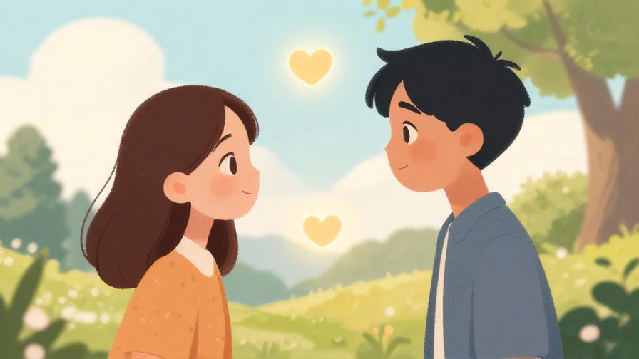 Illustration%20of%20two friends exchanging meaningful looks, with soft glowing hearts floating around, serene natural background