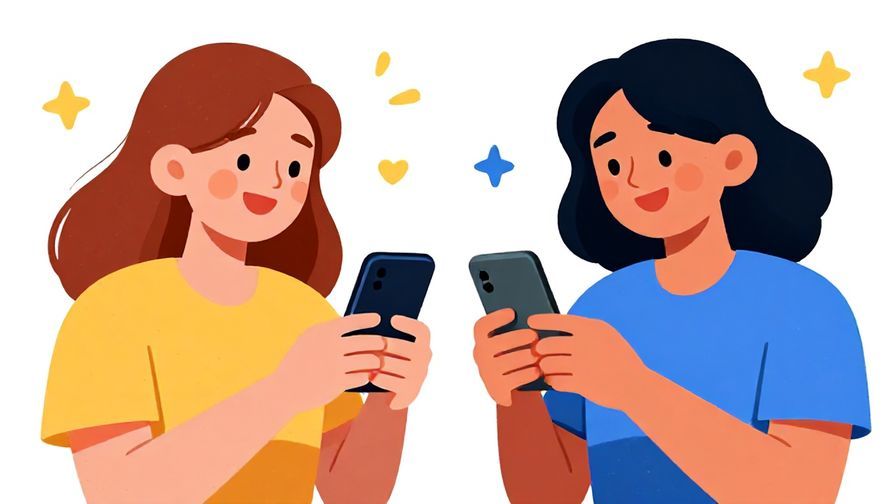 Illustration%20of%20two friends exchanging texts on phones with smiling faces and bright cheerful colors, illustrated style