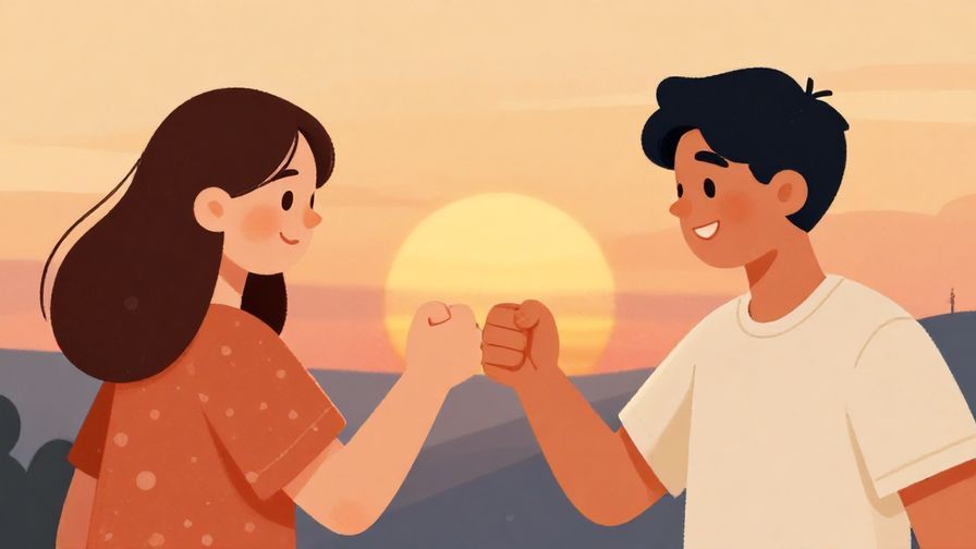 Illustration%20of%20two friends fist-bumping with smiles, warm sunset background symbolizing lasting friendship, illustrated style