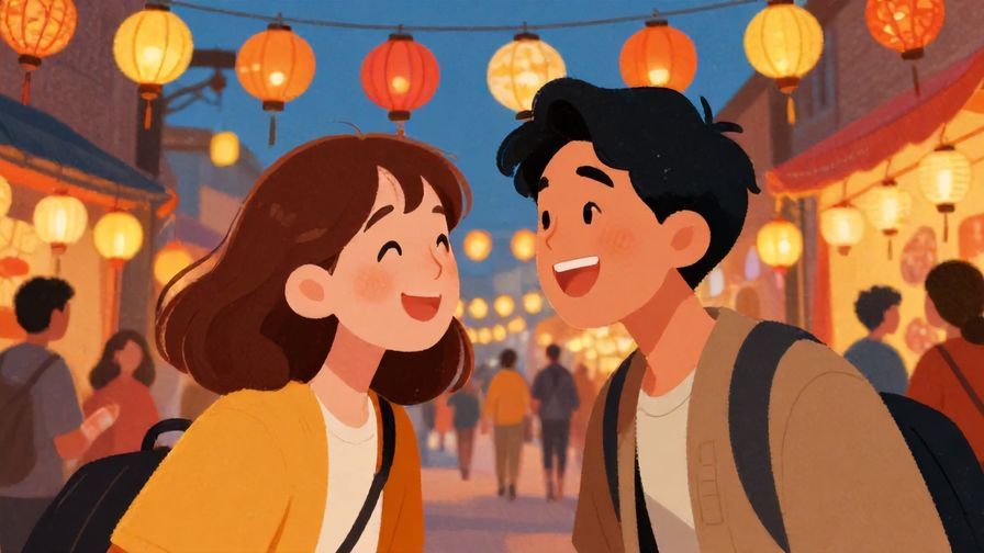 Illustration%20of%20two friends giggling and leaning close in a vibrant street festival scene with lanterns