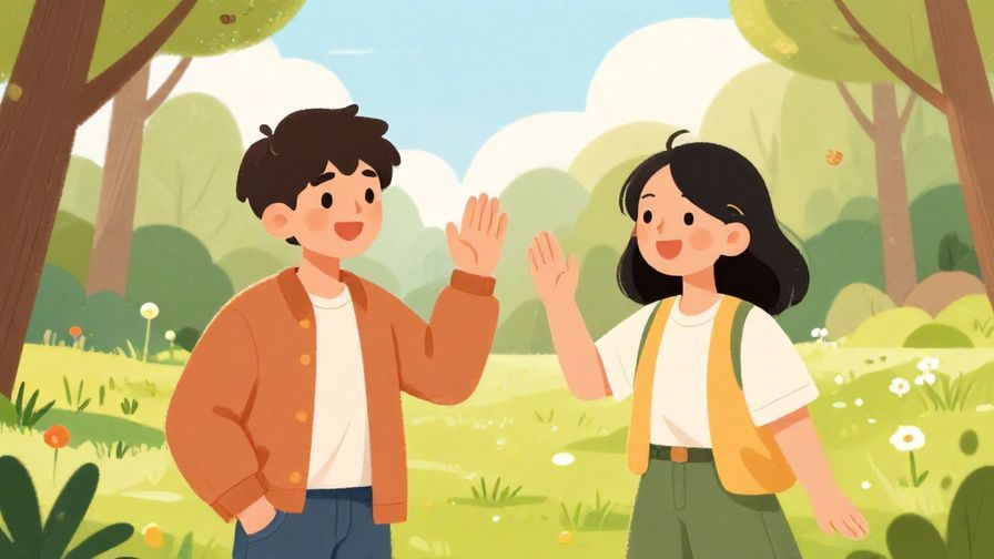Illustration%20of%20two friends happily reuniting at a park, waving and smiling warmly at each other, springtime background