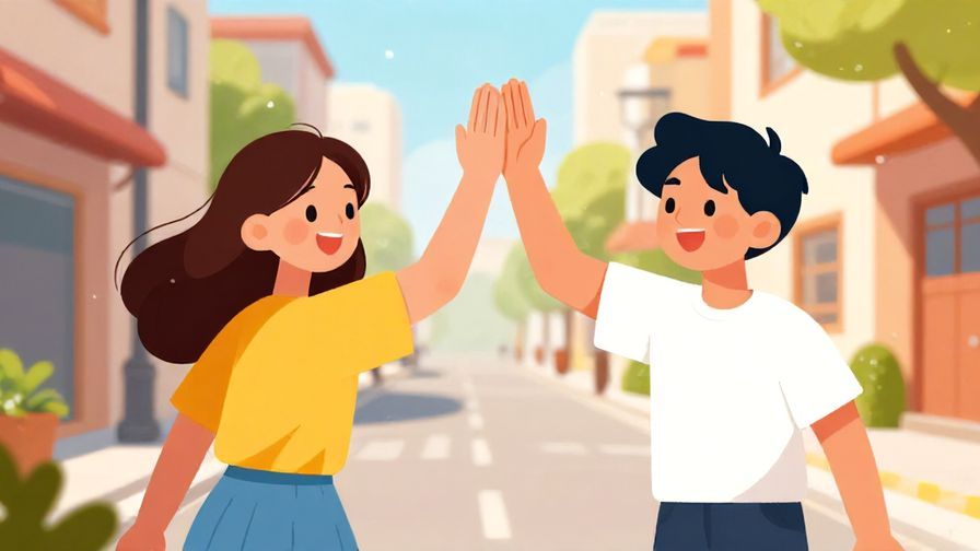 Illustration%20of%20two friends high-fiving in a sunny street, bright colors, playful mood