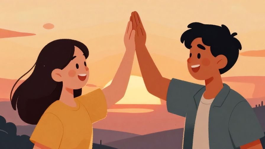 Illustration%20of%20two friends high-fiving with big smiles, sunset background, warm colors, illustrated style