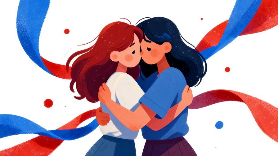 Illustration%20of%20two friends hugging, surrounded by swirling red and blue ribbons symbolizing blood and bonds, vibrant and emotional, illustrated style