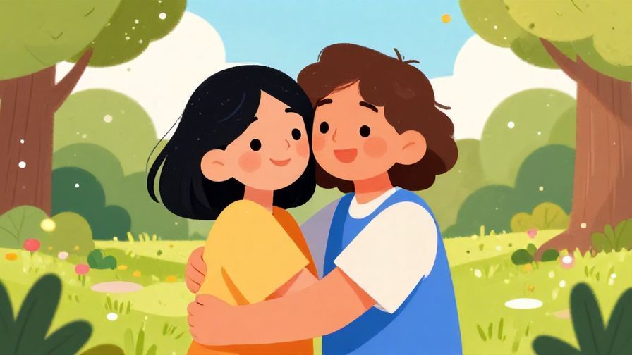 Illustration%20of%20two friends hugging warmly in a sunny park, joyful expressions, vibrant colors