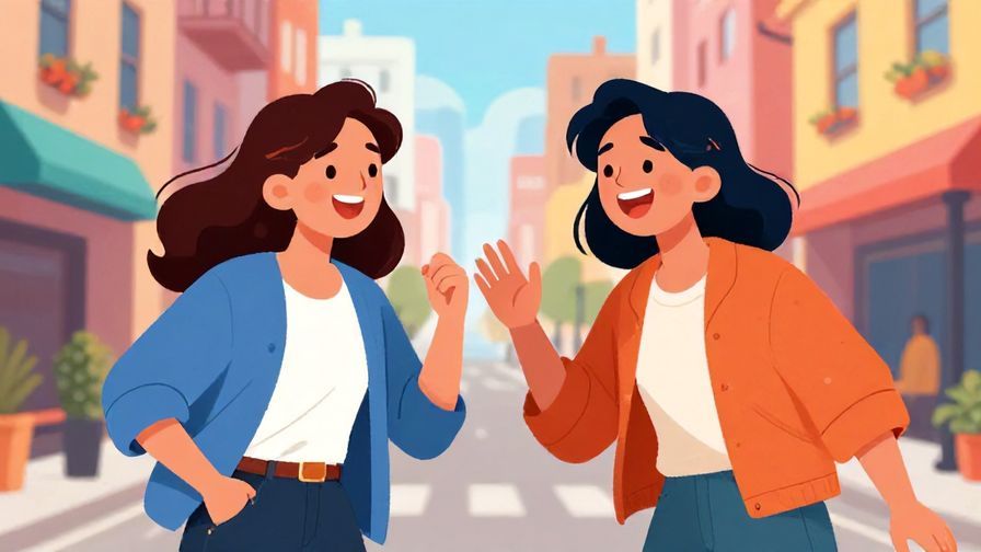 Illustration%20of%20two friends in a city street playfully arguing with laughter, colorful urban background, vibrant colors, illustrated style