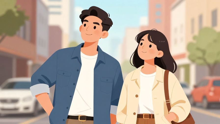 Illustration%20of%20two friends in casual clothes, one with a confident pose, the other looking up admiringly, urban background