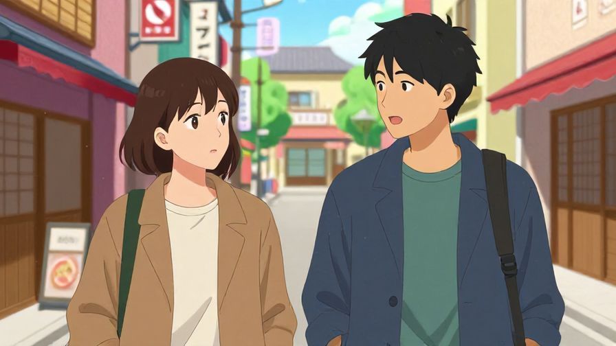 Illustration%20of%20two friends in Kansai region style clothing, one asking casually if something happened, colorful street setting