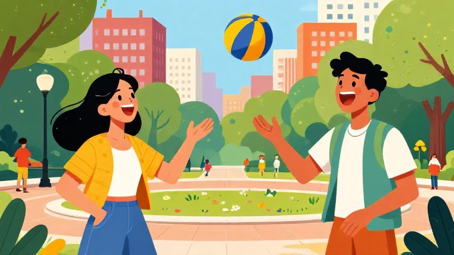 Illustration%20of%20two friends laughing and casually tossing a ball back and forth, vibrant urban park setting, informal and energetic mood, detailed background, vibrant colors, illustrated style