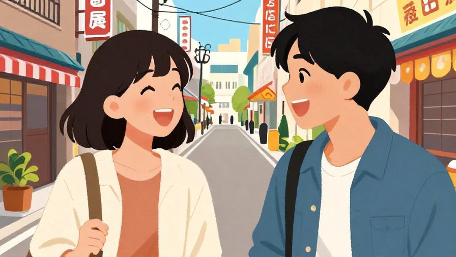 Illustration%20of%20two friends laughing and chatting in a street with Kansai vibe%2C%20colorful%20illustrated%20style