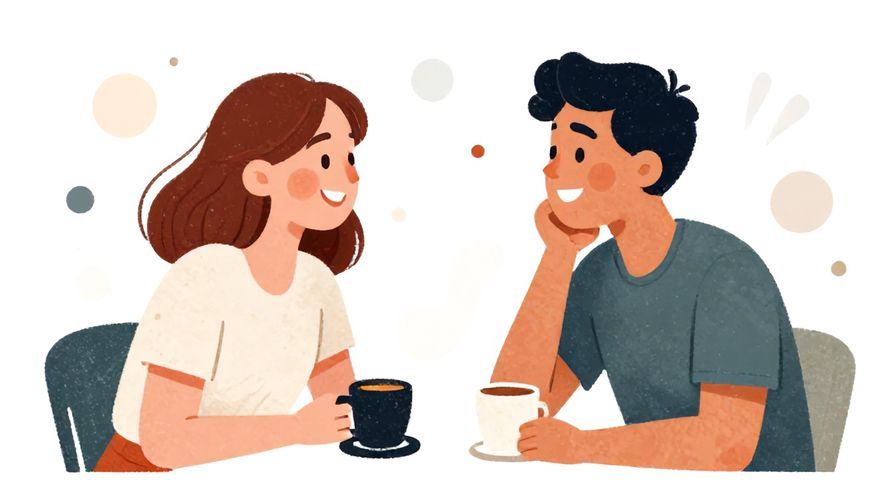 Illustration%20of%20two friends laughing and chatting casually at a café, surrounded by soft dots and abstract shapes, illustrated style