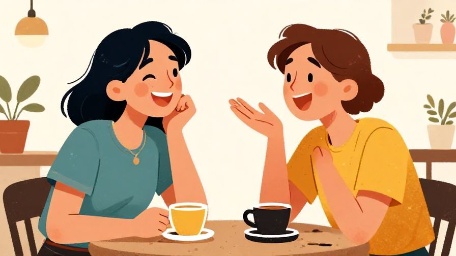 Illustration%20of%20two friends laughing and chatting at a cafe, one shrugging playfully, casual vibe, bright colors, illustrated style
