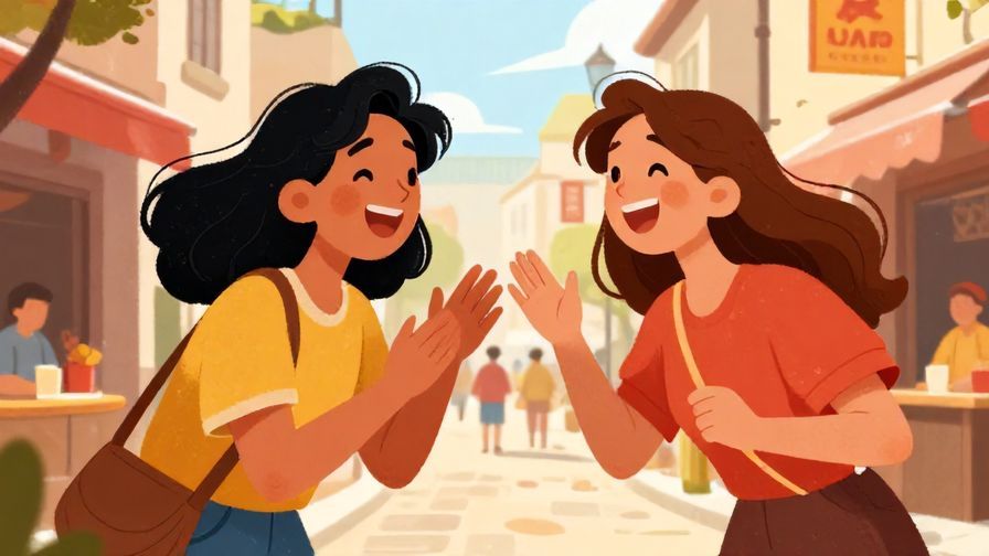 Illustration%20of%20two friends laughing and excitedly showing each other an object in a lively street scene, warm lighting, vibrant colors, illustrated style