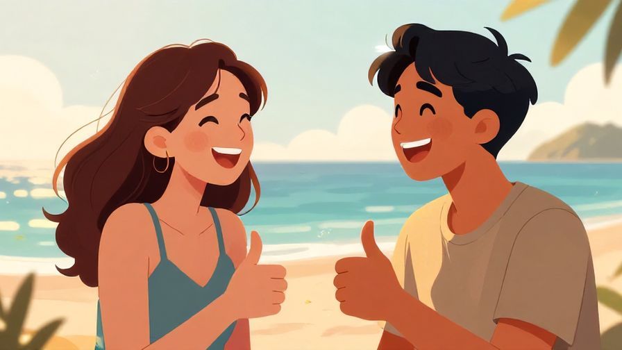 Illustration%20of%20two friends laughing and giving thumbs-up%2C%20with%20a%20sunny%20beach%20background%20and%20warm%20lighting.