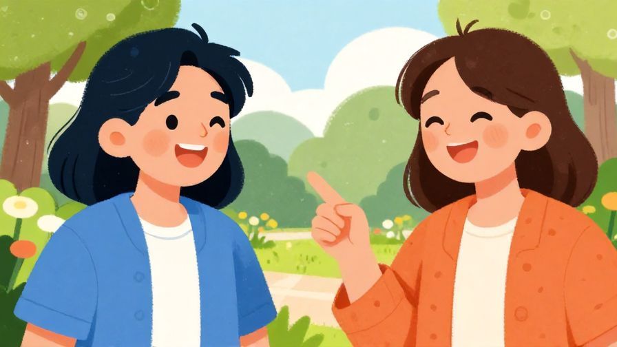 Illustration%20of%20two friends laughing and one playfully pointing at the other with a cheeky smile, vibrant colors, outdoor park background, illustrated style