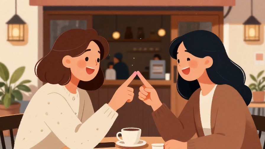 Illustration%20of%20two friends laughing and putting pinkies together in a playful promise gesture outside a cozy cafe