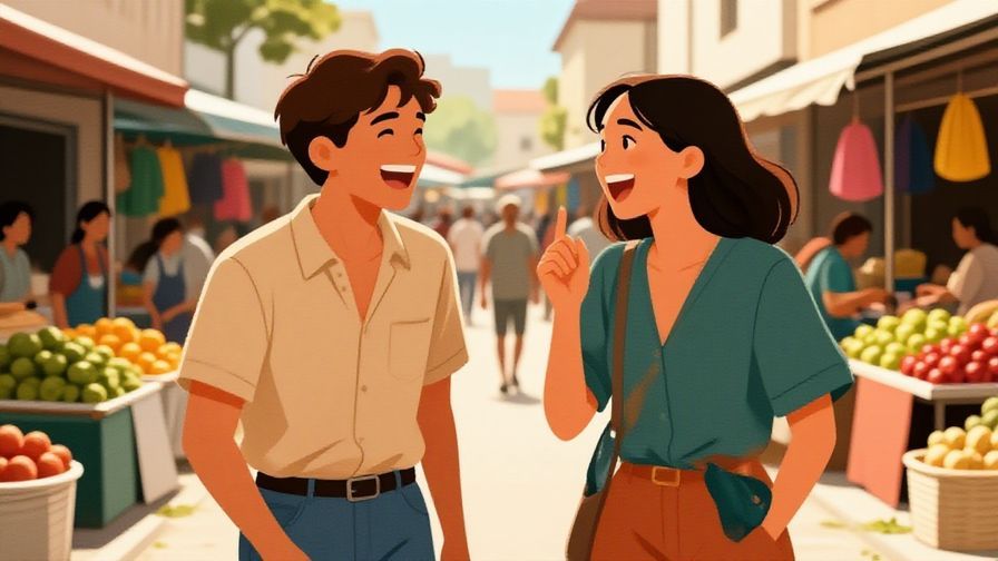 Illustration%20of%20two friends laughing and teasing each other in a lively street market during the day