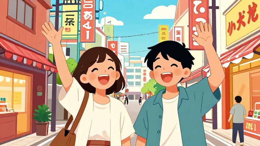 Illustration%20of%20two friends laughing and waving goodbye in a lively street of Osaka, colorful background, illustrated style